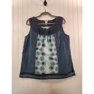 Izod Women Blue Floral Patchwork Crochet Neckline Tank Top Size L Country Boho